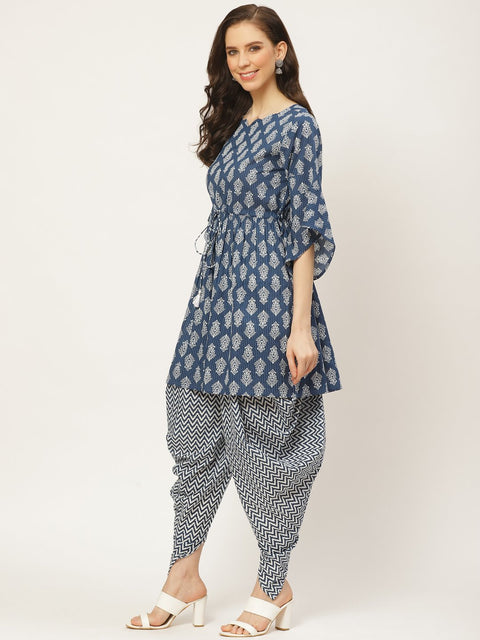 Women Indigo Three-Quarter Sleeves Flared Kurta and Dhoti Pant set