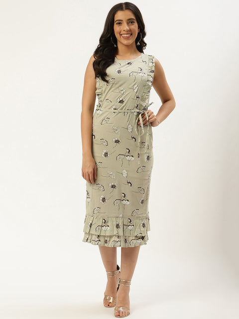 Women Grey Floral Printed Round Neck Cotton A-Line Dress