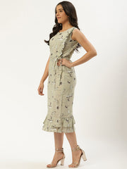 Women Grey Floral Printed Round Neck Cotton A-Line Dress