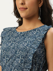 Women Blue Floral Printed Round Neck Cotton A-Line Dress