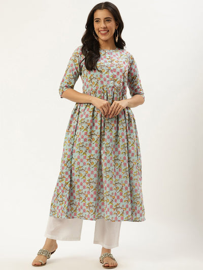 Women Sky Blue Three-Quarter Sleeves Flared Kurta and Palazzo set