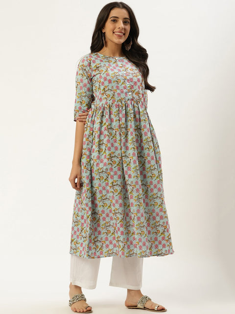 Women Sky Blue Three-Quarter Sleeves Flared Kurta and Palazzo set