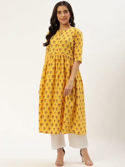 Women Yellow Three-Quarter Sleeves Flared Kurta and Palazzo set