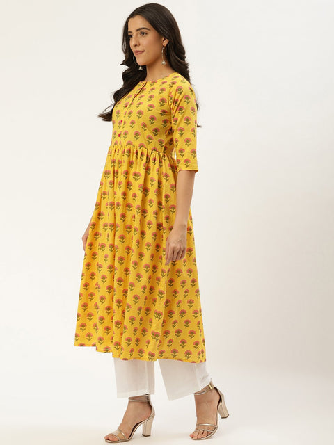 Women Yellow Three-Quarter Sleeves Flared Kurta and Palazzo set