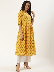 Women Yellow Three-Quarter Sleeves Flared Kurta and Palazzo set