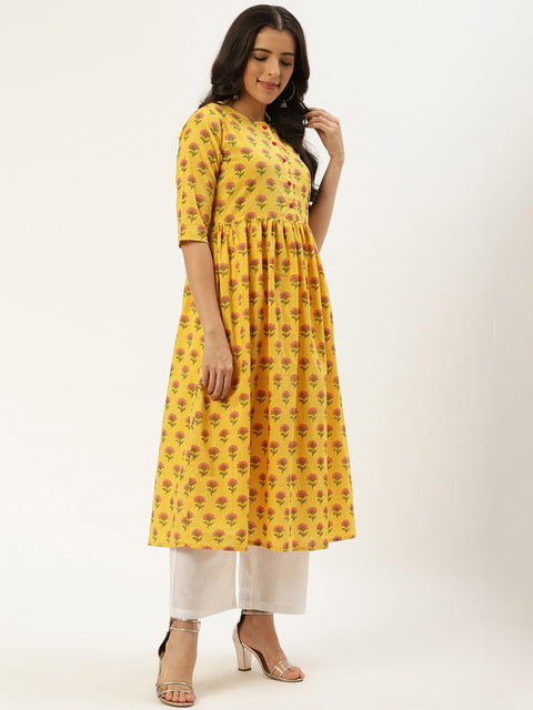 Women Yellow Three-Quarter Sleeves Flared Kurta and Palazzo set