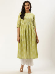 Women Pista Green Three-Quarter Sleeves Flared Kurta and Palazzo set