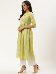 Women Pista Green Three-Quarter Sleeves Flared Kurta and Palazzo set