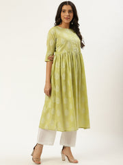 Women Pista Green Three-Quarter Sleeves Flared Kurta and Palazzo set