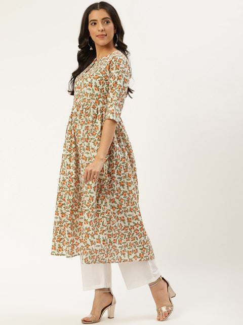 Women Off white Three-Quarter Sleeves Flared Kurta and Palazzo set