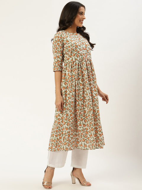 Women Off white Three-Quarter Sleeves Flared Kurta and Palazzo set