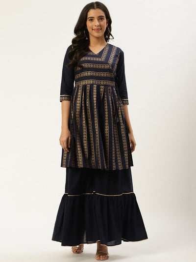 Women Navy Blue Three-Quarter Sleeves Flared Peplum Kurta and Sharara set