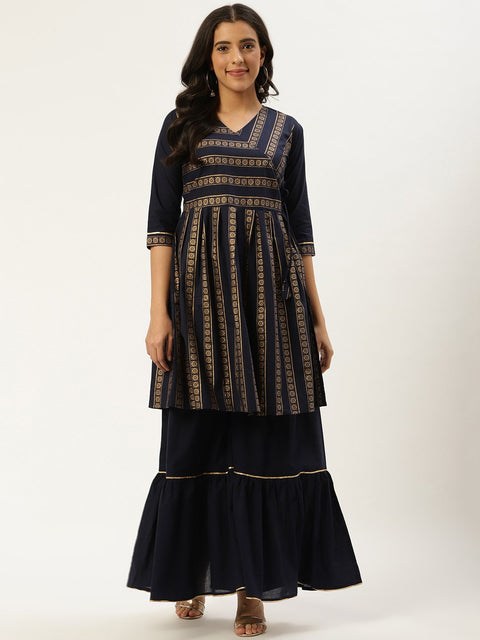 Women Navy Blue Three-Quarter Sleeves Flared Peplum Kurta and Sharara set