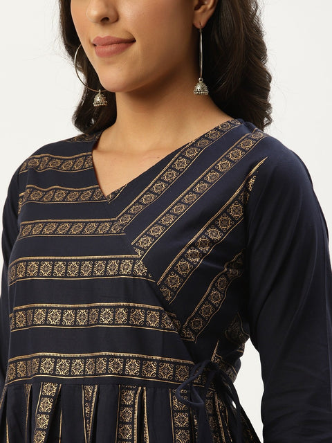 Women Navy Blue Three-Quarter Sleeves Flared Peplum Kurta and Sharara set