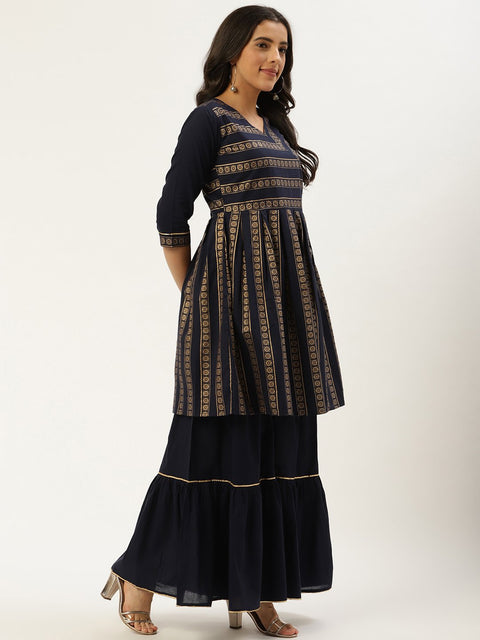 Women Navy Blue Three-Quarter Sleeves Flared Peplum Kurta and Sharara set