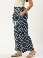 Women Indigo Blue Ethnic Motifs Printed Cotton Wide Leg Palazzo