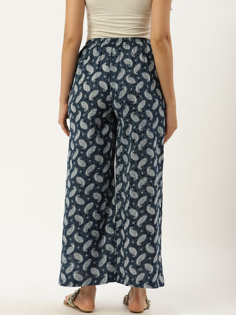 Women Indigo Blue Ethnic Motifs Printed Cotton Wide Leg Palazzo