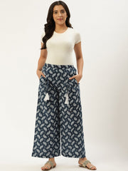 Women Indigo Blue Ethnic Motifs Printed Cotton Wide Leg Palazzo