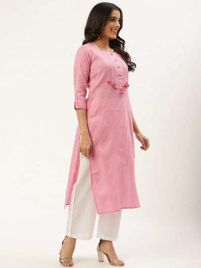 Women Pink Calf Length Three-Quarter Sleeves Straight Solid Cotton Kurta