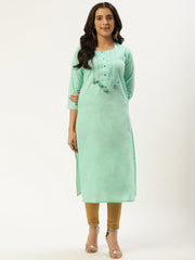Women Green Calf Length Three-Quarter Sleeves Straight Solid Cotton Kurta