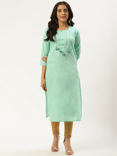 Women Green Calf Length Three-Quarter Sleeves Straight Solid Cotton Kurta