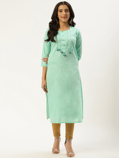 Women Green Calf Length Three-Quarter Sleeves Straight Solid Cotton Kurta