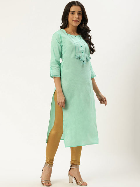 Women Green Calf Length Three-Quarter Sleeves Straight Solid Cotton Kurta