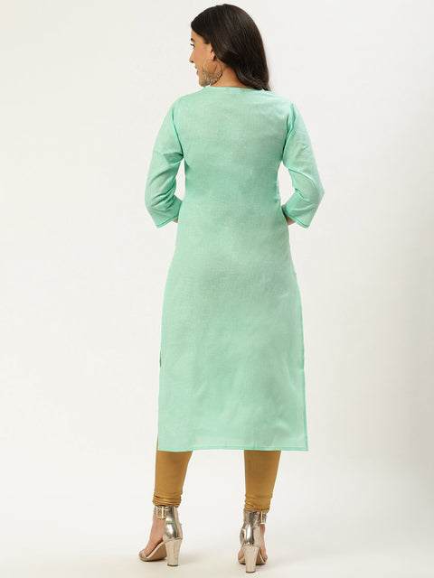 Women Green Calf Length Three-Quarter Sleeves Straight Solid Cotton Kurta