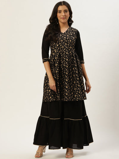 Women Black Three-Quarter Sleeves Flared Peplum Kurta and Sharara set