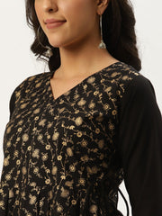 Women Black Three-Quarter Sleeves Flared Peplum Kurta and Sharara set