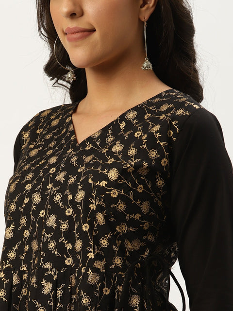 Women Black Three-Quarter Sleeves Flared Peplum Kurta and Sharara set