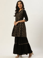 Women Black Three-Quarter Sleeves Flared Peplum Kurta and Sharara set