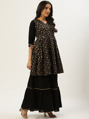 Women Black Three-Quarter Sleeves Flared Peplum Kurta and Sharara set
