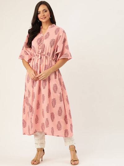 Women Light Pink Calf Length Three-Quarter Sleeves Kaftan Floral Cotton Kurta
