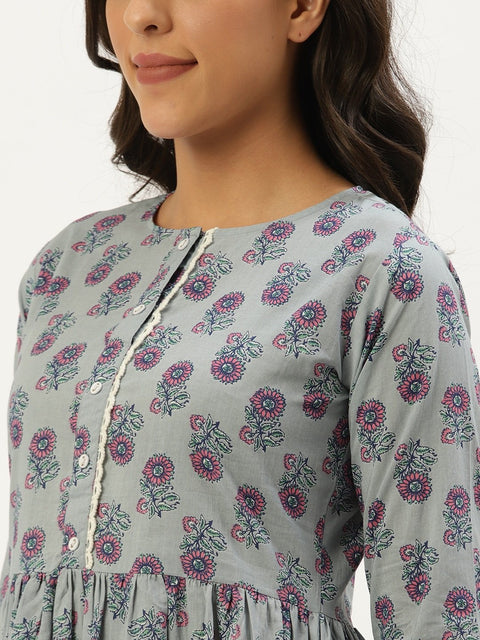 Women Grey  Printed Flared Floral Pure Cotton Kurti