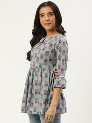 Women Grey  Printed Flared Floral Pure Cotton Kurti