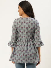 Women Grey  Printed Flared Floral Pure Cotton Kurti