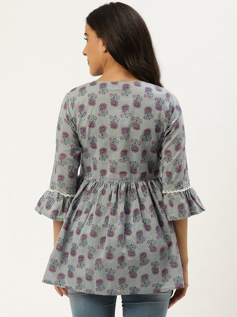 Women Grey  Printed Flared Floral Pure Cotton Kurti