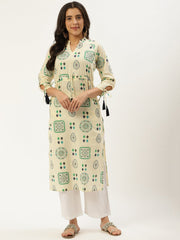Women Cream Calf Length Long Sleeves A-Line Ethnic Motifs Cotton Kurta