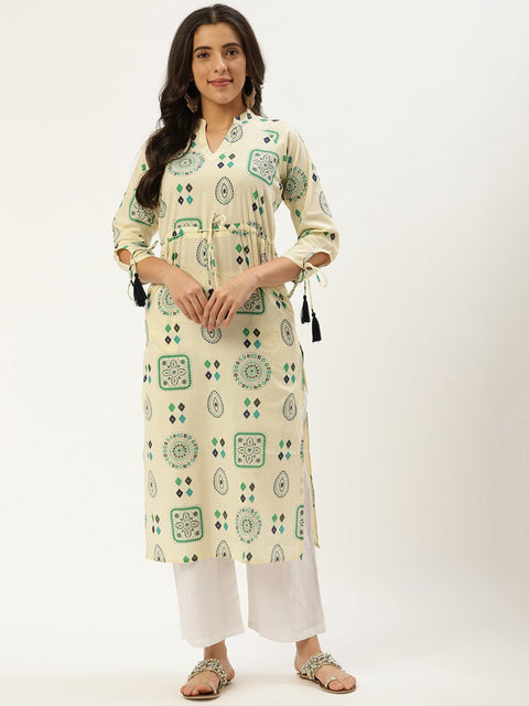 Women Cream Calf Length Long Sleeves A-Line Ethnic Motifs Cotton Kurta