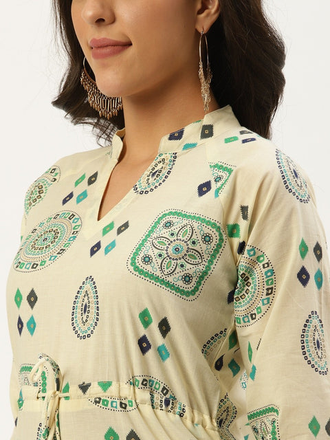 Women Cream Calf Length Long Sleeves A-Line Ethnic Motifs Cotton Kurta