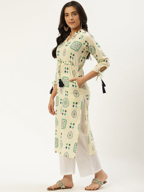 Women Cream Calf Length Long Sleeves A-Line Ethnic Motifs Cotton Kurta