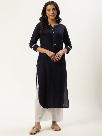 Women Navy Blue Calf Length Three-Quarter Sleeves Straight Solid Viscose Rayon Kurta