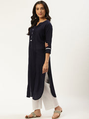 Women Navy Blue Calf Length Three-Quarter Sleeves Straight Solid Viscose Rayon Kurta
