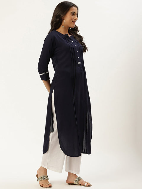 Women Navy Blue Calf Length Three-Quarter Sleeves Straight Solid Viscose Rayon Kurta