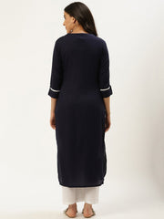 Women Navy Blue Calf Length Three-Quarter Sleeves Straight Solid Viscose Rayon Kurta