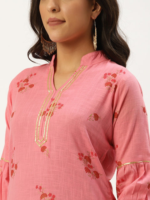 Women Pink Calf Length Three-Quarter Sleeves Straight Floral Cotton Kurta