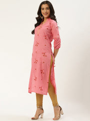 Women Pink Calf Length Three-Quarter Sleeves Straight Floral Cotton Kurta