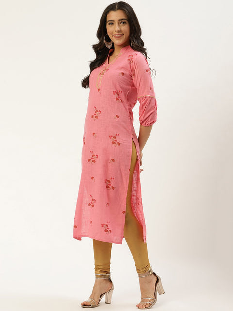 Women Pink Calf Length Three-Quarter Sleeves Straight Floral Cotton Kurta