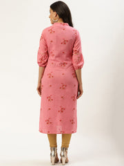Women Pink Calf Length Three-Quarter Sleeves Straight Floral Cotton Kurta